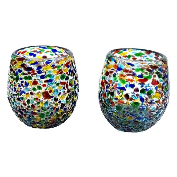 2 Fused Recycled Art Glass Rainbow Confetti Votive Tealight or Candle Holders - Picture 7 of 8